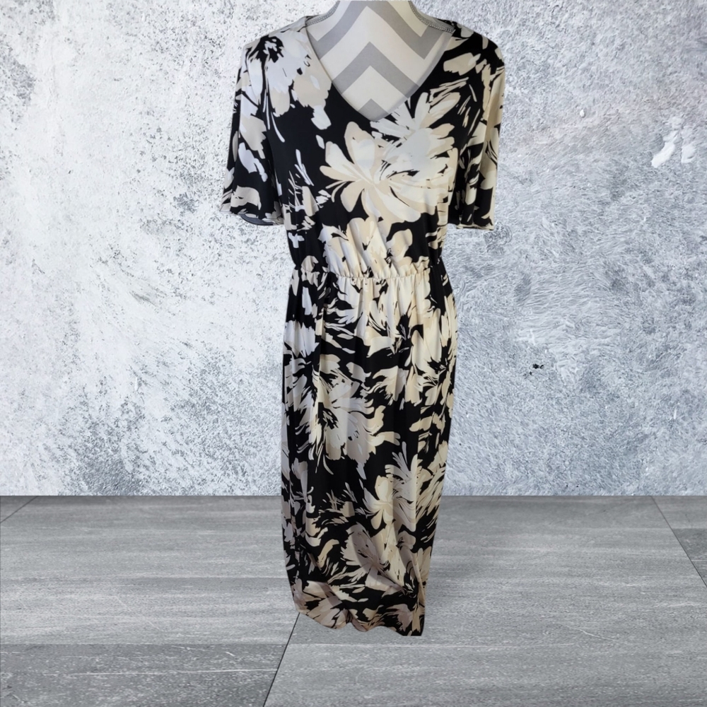 Chicos Floral Flutter Sleeve Maxi Dress Stretchy Knit V Neck Size 4-6